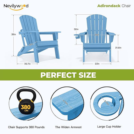nevilywood Folding Adirondack Chair with Cup Holder Set of 4, HDPE Patio Chairs,All-Weather Outdoor Chairs for Backyard, Deck,Fire Pit-LightBlue