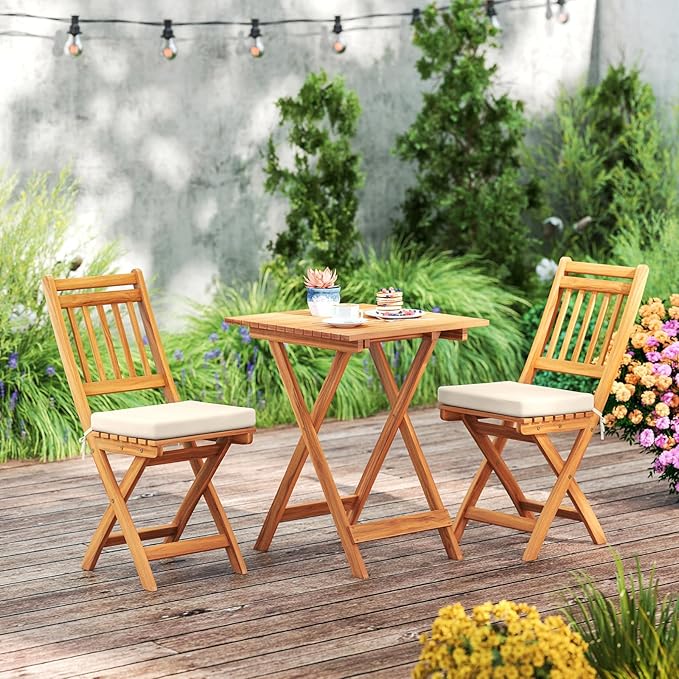 HAPPYGRILL Folding Patio Chairs Set Acacia Wood Outdoor Dining Chairs with Slatted Backrests and Soft Seat Cushions for Porch, Backyard and Garden, 400 LBS Weight Capacity (4,Back Style B)