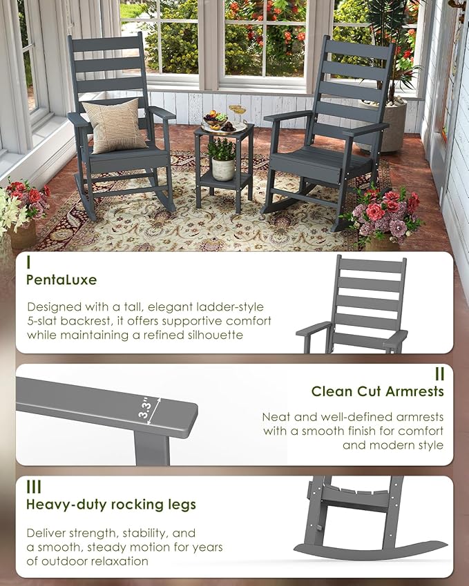 GREENVINES Outdoor-Rocking-Chair | HDPE Plastic | Patio Rockers | Porch Rocker Chairs | Shaker | Oversized | High Ladder Back | Big & Tall | PentaLuxe | Grey