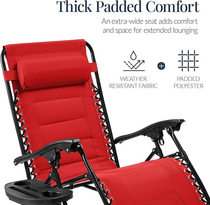 Best Choice Products Oversized Padded Zero Gravity Chair, Folding Outdoor Patio Recliner, XL Anti Gravity Lounger for Backyard w/Headrest, Cup Holder, Side Tray, Polyester Mesh - Crimson Red