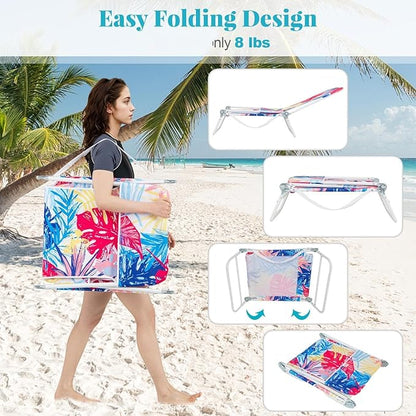 GYMAX Tanning Chair, 2Pcs Folding Beach Chairs with Adjustable Backrest, Footrest, 330lbs Capacity & Shoulder Strap, Portable Layout Sunbathing Loungers for Outside, Patio, Poolside (Colorful Leaves)