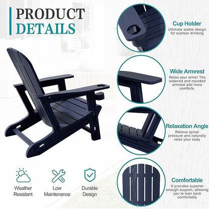 JY QAQA Outdoor Adirondack Chair Set of 2, All-Weather HDPE Patio Furniture with Detachable Table, Wood Texture & Cup Holder for Patio, Poolside, Garden, Dark Blue