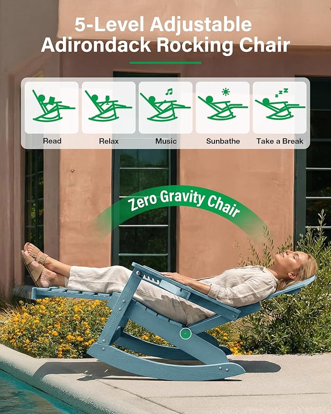 YEFU Rocking Chairs Outdoor Set of 4, Adirondack Chairs with Retractable Ottoman, Adjustable Adirondack Rocking Chair,Rockings Chair Outside,Weather Resistant,for Patio,Porch,Lawn,Heavy Duty,Blue