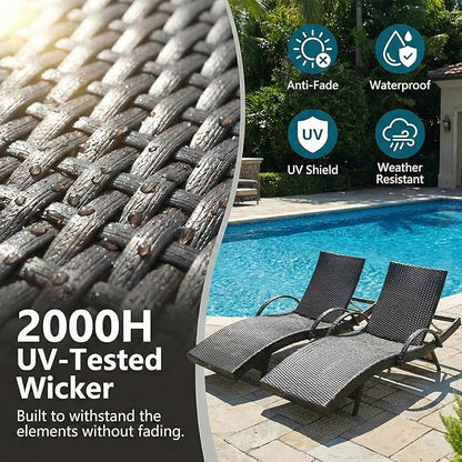 Wicker Outdoor Lounge Chairs with Pull Out Side Table, Pool Lounge Chairs Set of 2, Rattan Outdoor Lounger, Adjustable Backrest Patio Chaise Lounges for Garden, Backyard, Steel Frame, Black