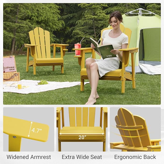 PROHIKER Adirondack Chair with Cup Holder, HDPE Outdoor Patio Chair All Weather Outdoor Chairs for Lawn Garden Porch Backyard, Plastic, Yellow