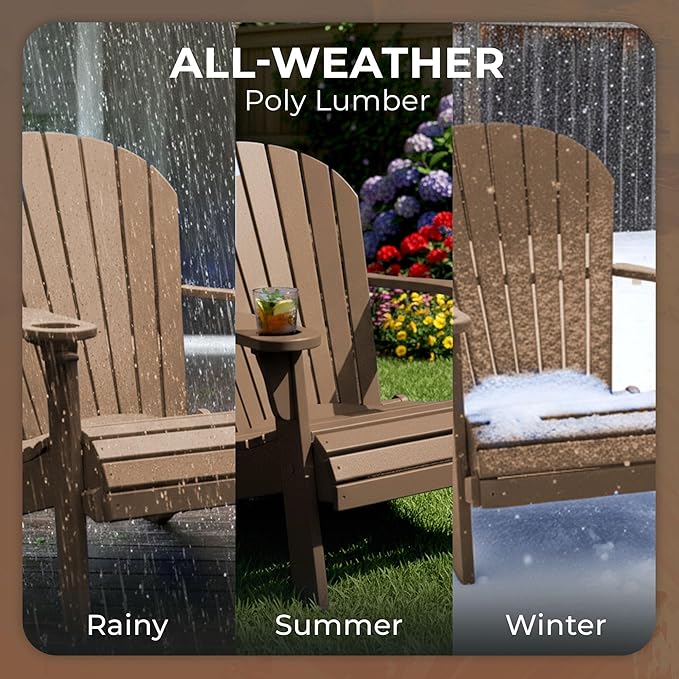 Ecommersify Folding Adirondack Chair with Cup Holder - (Weather Wood) - Heavy Duty Recycled Poly Lumber Folding Chair - Amish Crafted Outdoor Furniture - Made in USA