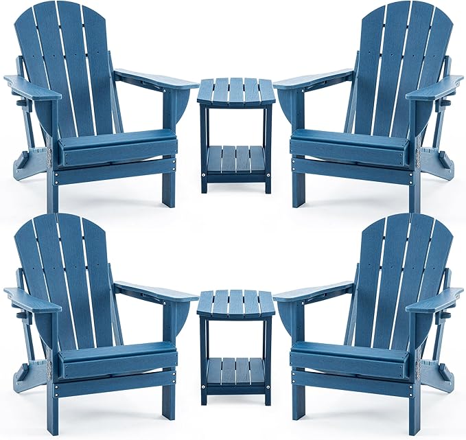 4 Chairs & 2 Tables Folding Adirondack Chair Set with Side Table – HDPE Weatherproof Outdoor Patio Chairs with - Photo 1
