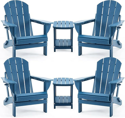 4 Chairs & 2 Tables Folding Adirondack Chair Set with Side Table – HDPE Weatherproof Outdoor Patio Chairs with Reclining Back and Cup Holders, 2-Tier Storage End Tables for Firepit Garden(Blue)