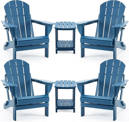 4 Chairs & 2 Tables Folding Adirondack Chair Set with Side Table – HDPE Weatherproof Outdoor Patio Chairs with Reclining Back and Cup Holders, 2-Tier Storage End Tables for Firepit Garden(Blue)