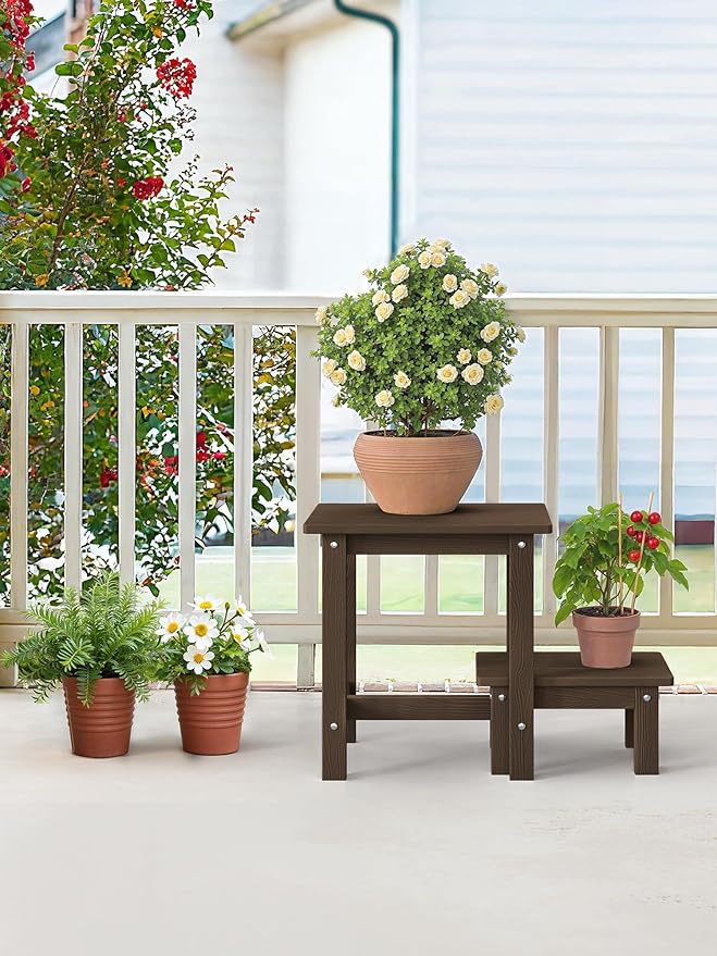 LUE BONA Outdoor Side Table, 2-Tier HDPS Outdoor Nesting End Table with Removable Small Foot Stool for Patio, Deck, Poolside, Low Maintenance & Weather Resistant,Dark Brown