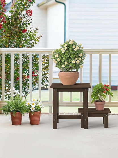 LUE BONA Outdoor Side Table, 2-Tier HDPS Outdoor Nesting End Table with Removable Small Foot Stool for Patio, Deck, Poolside, Low Maintenance & Weather Resistant,Dark Brown