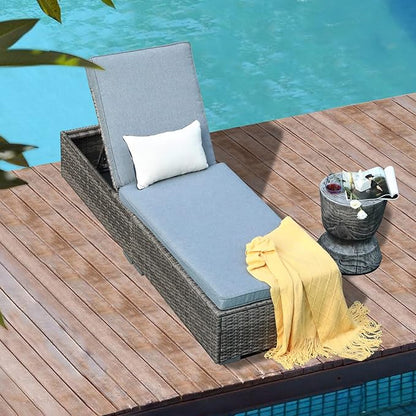 Patiorama Outdoor Patio Chaise Lounge Chair, Elegant Reclining Adjustable Pool Rattan Chaise Lounge Chair with Light Grey Cushion, Grey PE Wicker, Steel Frame