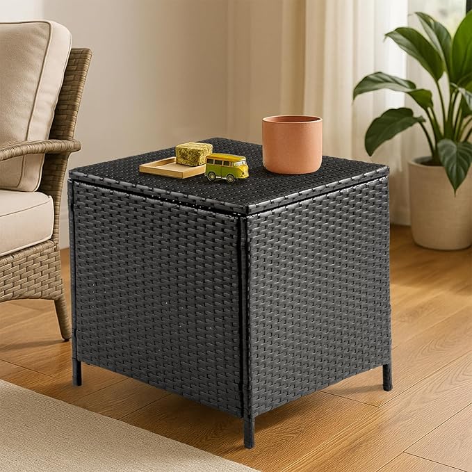 Outvita Outdoor Side Table, Rattan Coffee Table with Storage 27 Gallon Patio Small Deck Storage Box for Cushion Towel - Photo 8