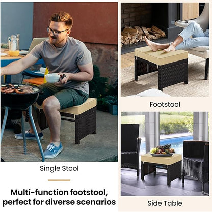 Yaheetech Wicker Ottomans, Set of 2 Footrest with Removable Cushion, 2pcs PE Rattan Side Table Additional Seating Multipurpose Outdoor Furniture for Patio, Backyard, Brown/Khaki