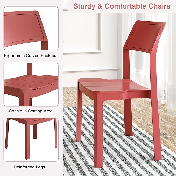 VECELO 4 Pack Stackable Dining Chairs, Plastic Patio Chairs for Indoor Outdoor Use in Kitchen, Poolside, No Assembly, Modern Red
