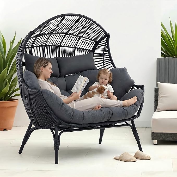 IRONCK Egg Chair Indoor Outdoor, 2 Person Double Egg Loveseat Chair, Oversized Thickened Padded Headrests and Cushions, 680 lbs Wicker Lounge for Balcony, Patio, Garden, Black and Gray