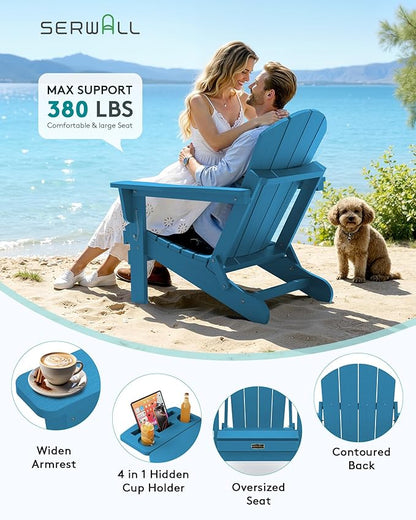 SERWALL Folding Adirondack Chair Set of 4, Outdoor Adirondack Chairs with 4 in 1 Cup Holder, Wood Texture Patio Chairs, Weather Resistant Fire Pit Chairs for Patio Deck Garden, Backyard - Sapphire