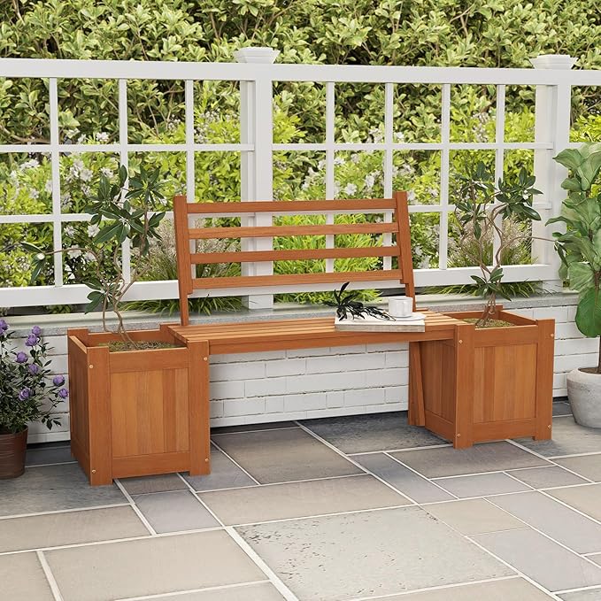 2 Pieces Outdoor Planter Box with Bench, Teak Oil Finish Wood Seat with 2 Open-Ended Base Garden Beds & Backrest, Decorative Plant Container for Yard, Balcony & Porch