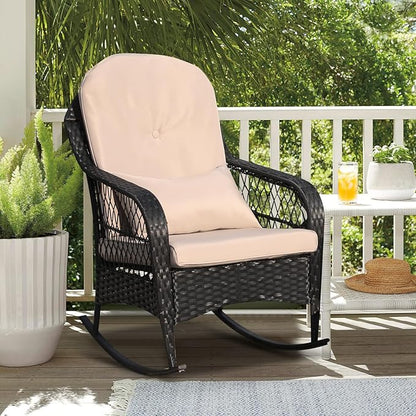 LVUYOYO Outdoor Rocking Chair, Patio Wicker Rattan Rocker Chair with Cushions, Rocking Wicker Furniture Set for Deck, Porch, Garden, Backyard (Khaki)