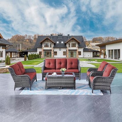 Rilyson Outdoor Patio Furniture Sofa Set - 7 PC Rattan Wicker Patio Sectional Conversation Sets with Sofa,Loveseat,Coffee Table,Armrest Chairs and Ottomans for Porch Deck Garden(Mixed Grey/Red)