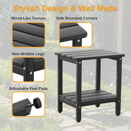 Outdoor Side Table, 17.7-Inch Small Patio Side Table with Adjustable Feet, All-Weather HDPE Adirondack End Table for Porch Deck Balcony Pool, Easy Maintenance, Black