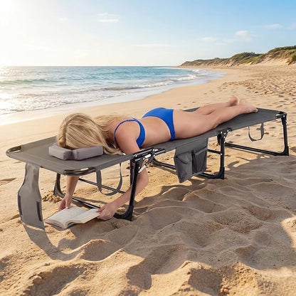 COSTWAY Folding Beach Lounge Chair, Tanning Chair with Face Hole, 5-Position Adjustable Backrest, Pillow & Side Pocket, Foldable Chaise Lounge Chair Outdoor for Sunbathing, Camping (1, Grey)