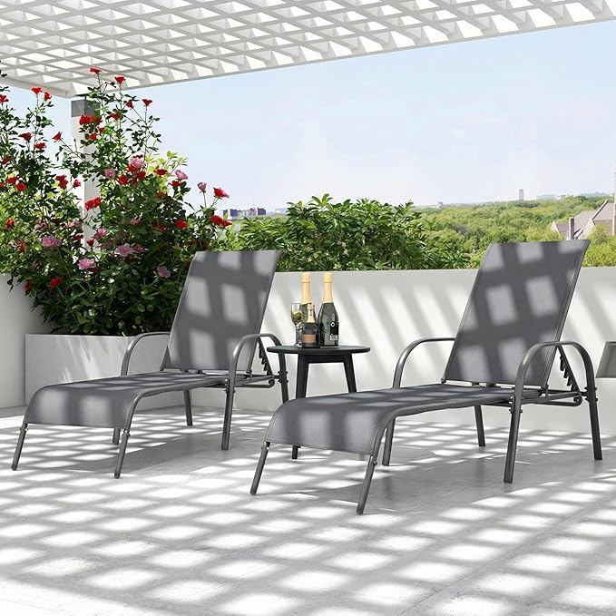 Tangkula Outdoor Lounge Chairs Set of 2, Patio Chaise Lounge with Adjustable Backrest, Reclining Pool Lounge Chairs for Outside with Heavy Duty Steel Frame for Beach, Yard, Balcony, Poolside