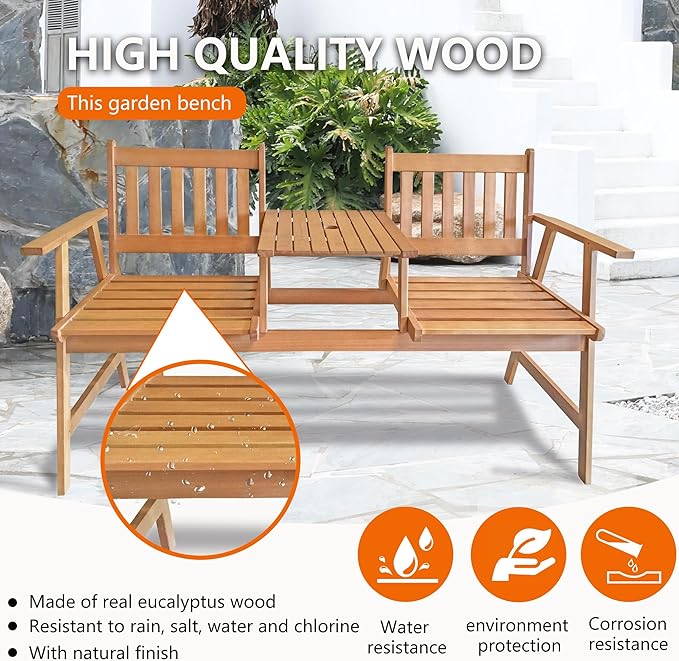 PayLessHere Outdoor Patio Bench Garden Bench Eucalyptus Wood Patio Bench with Table Outdoor Loveseat for Backyard Balcony Pool Beach Garden, Nature