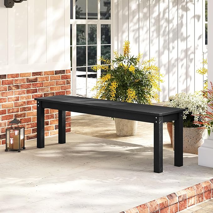 Tangkula HDPE Outdoor Bench, 2-3 Person Patio Bench, 55" Backless Garden Dining Bench with Slatted Seat, Weatherproof Park Bench for Entryway, Porch, Lawn & Backyard (Black,2)