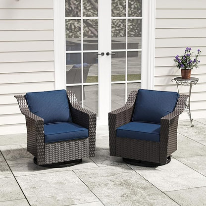 Patio 2 Pieces Wicker Swivel Chairs Set of 2，Outdoor PE Rattan Rocking Glider Armchairs, Water-Resistant Cushions with Removable and Washable Covers, Porch, Balcony, Sunroom (Navy Blue)