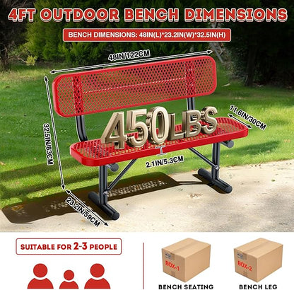Thermoplastic Coated Iron Park Bench for Outside, Heavy Duty Metal Garden Bench, Expanded Commercial Grade Seating for Shopping Malls, Lawn Yard Porch Entryway (Red with Backrest, 48IN)