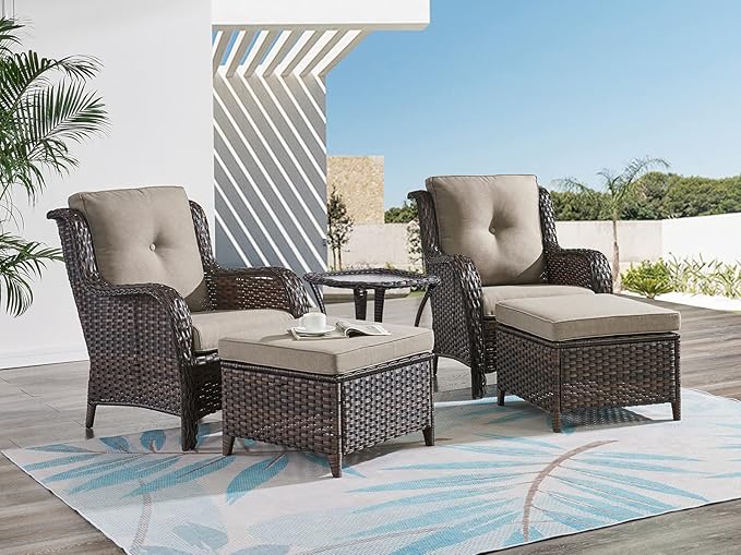 HUMMUH 5 Pieces Patio Bistro Set Wicker Patio Chairs Set of 2 with Ottomans and Side Table Rattan Outdoor Furniture Conversation Set for Yard,Garden,Porch…