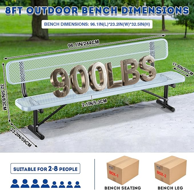 Heavy-Duty Park Bench for Outside - Black Coated Outdoor Furniture Steel Bench, Commercial-Grade Outdoor Benches Weatherproof for Park, Patio, Porch (Portable with Back, 4/6/8 Ft) (Grey, 8FT)