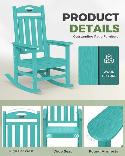 Oversized Outdoor Rocking Chair Set of 2, HDPE All-Weather Patio Rocking Chairs, High Back Outdoor Rocker for Porch, Patio, Lake Blue