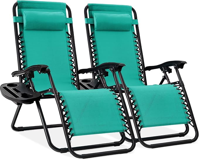 Best Choice Products Set of 2 Adjustable Steel Mesh Zero Gravity Lounge Chair Recliners w/Pillows and Cup Holder Trays - Photo 1
