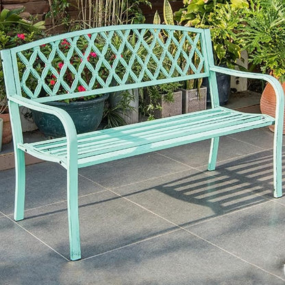 Porch Benches Outdoor, 2-3 Person Metal Garden Bench with Diamond Weaving Backrest, Load Bearing 880lbs, for Backyard Deck Lawn Poolside(Green)