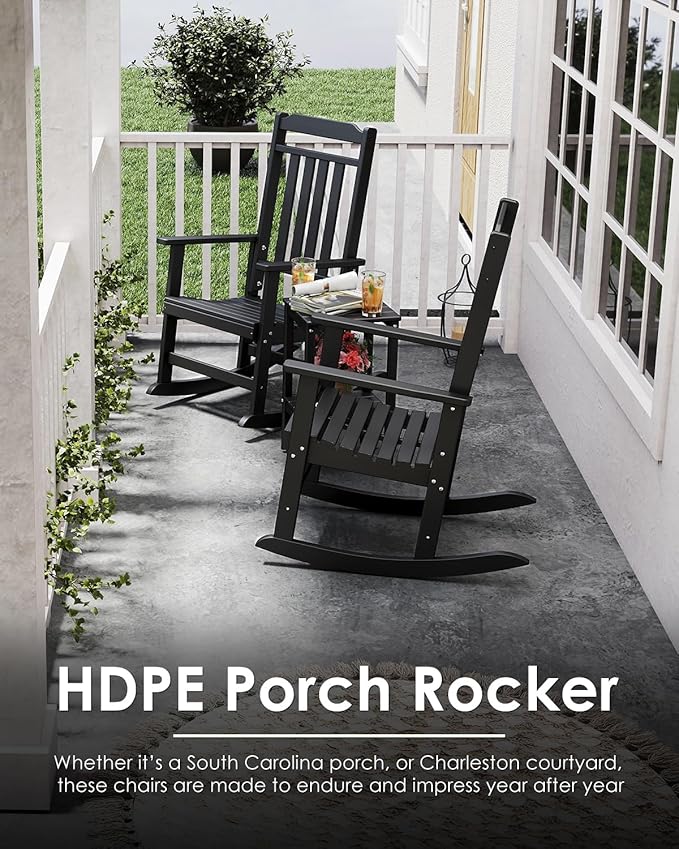 GREENVINES Outdoor-Rocking-Chairs-Set-of-4 | HDPE Plastic | Patio Rockers | Porch Rocker Chair | Oversized | High Back | Big & Tall | Black