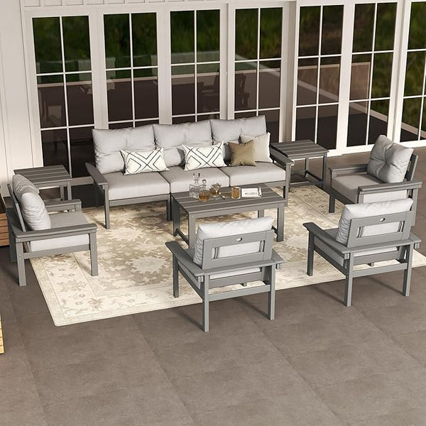 Grey HDPE Outdoor Patio Furniture Set, 10-Piece Patio Conversation Set with 3-Seat Sofa, 4 Armchairs - Photo 1
