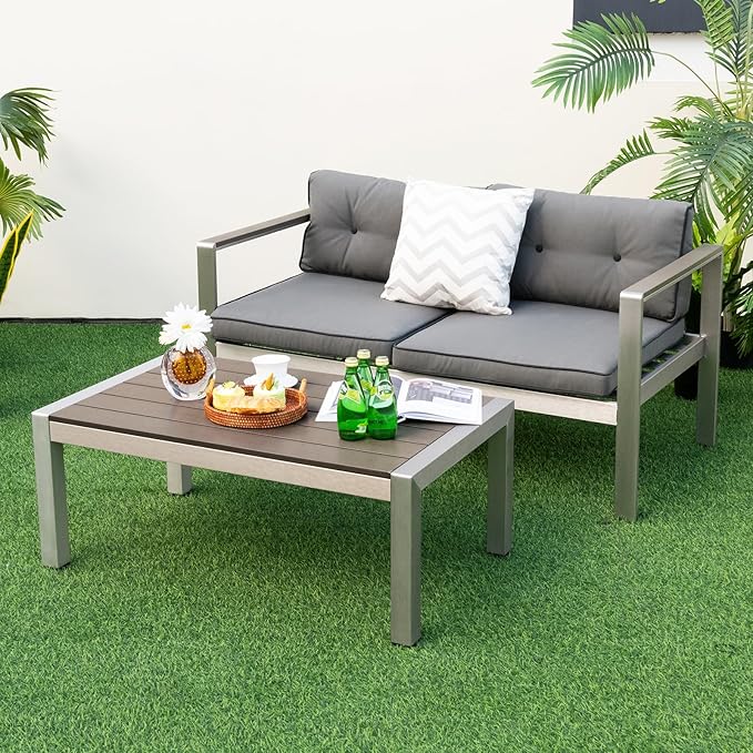 Tangkula Aluminum Outdoor Coffee Table, Modern Rectangular Cocktail Table with Plastic Wood Tabletop & Rustproof Aluminum Frame, All-Weather Accent Table for Patio, Poolside, Garden (Grey)
