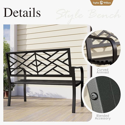 Sophia & William Outdoor Metal Bench Patio Garden Bench, Cast Iron Park Benches for Outside with Minimalist Backrest, Black