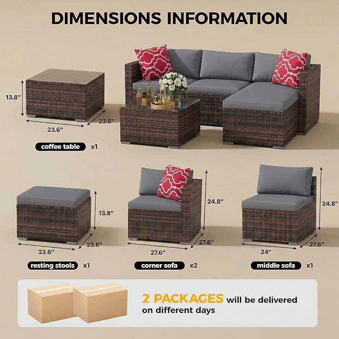 5-Piece Patio Sectional Sofa Set, All-Weather Brown PE Rattan Outdoor Conversation Furniture with Neutral-Tone Cushions - Photo 2
