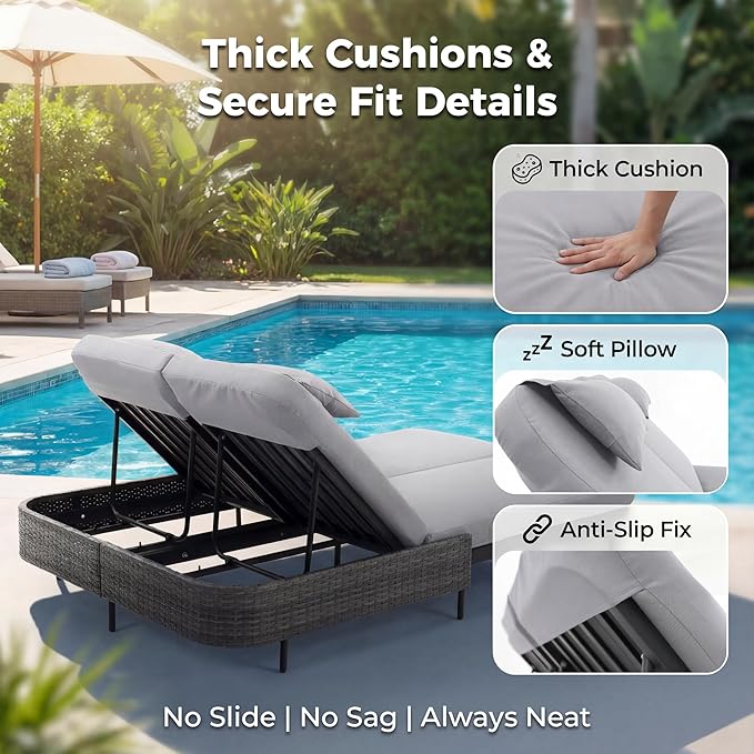 NICESOUL Double Chaise Lounge Outdoor, 51.2" Wide 2-Person Daybed with Independent Recline - Photo 6