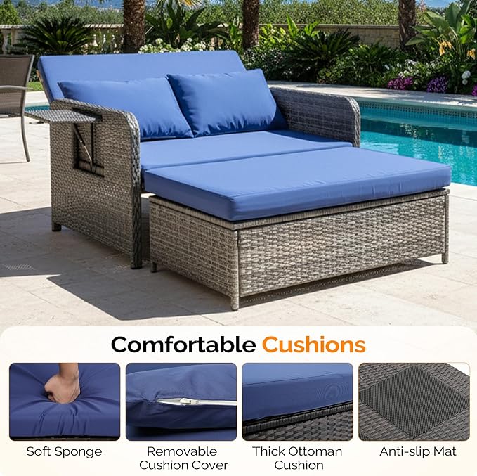 VINGLI Patio Daybed, Wicker Outdoor Daybed with Storage Ottoman & 5-Level Adjustable Backrest - Photo 6