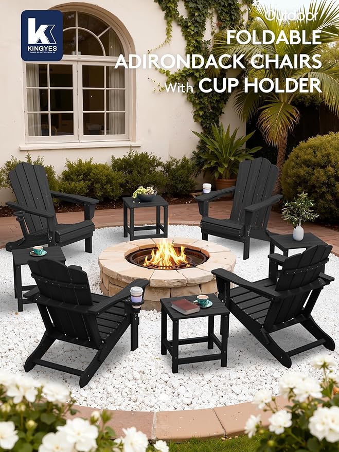 KINGYES Folding Adirondack Chair Set of 4, HDPE All-Weather Patio Chairs with Cup Holder - Photo 2