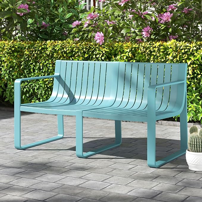 Tangkula Patio Loveseat, Weather-Resistant Plastic 2-Person Bench with Curved Backrest, Outdoor Conversation Furniture with Slatted Design for Patio, Poolside, Backyard, Garden, Deck, Lawn (Blue)