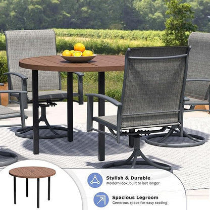 42" Round Patio Dining Table for 4, All-Weather Metal Patio Table with Umbrella Hole, Outdoor Round Dining Table for Lawn Garden Porch, Walnut,