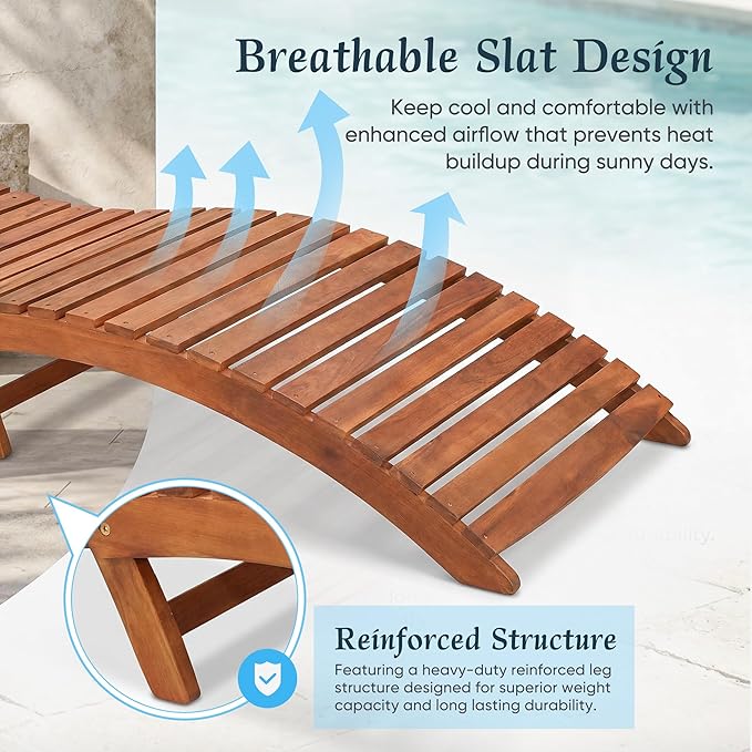 Flamaker Lounge Chairs for Outside Folding Acacia Wood Chaise Lounge with Side Handle Sun Lounger for Poolside, Lawn, Backyard (1 Piece)