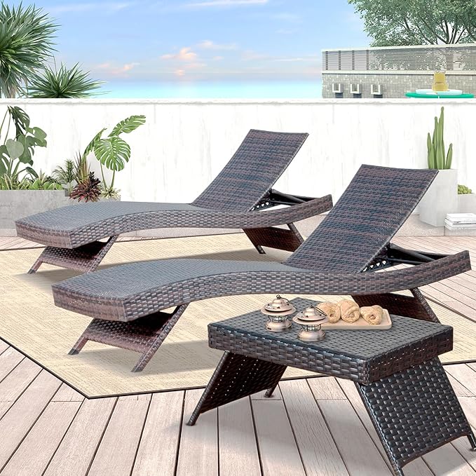 79'' Long Reclining 2 Chairs+ 1 Table, Chaise Lounge Wicker Reclining Lounge Chair, PE Rattan Chaise Lawn Sunbathing Chairs Beach Poolside Garden Backyard Backrest Recliners, Mixed Brown