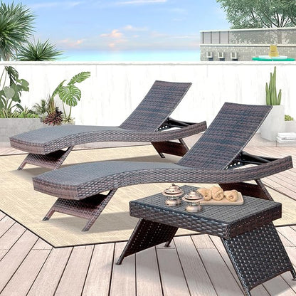 79'' Long Reclining 2 Chairs+ 1 Table, Chaise Lounge Wicker Reclining Lounge Chair, PE Rattan Chaise Lawn Sunbathing Chairs Beach Poolside Garden Backyard Backrest Recliners, Mixed Brown