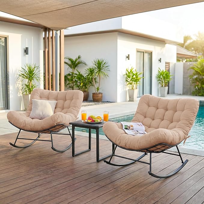 Outdoor Rocking Chairs Set of 2 with Wicker Side Table, Thick Cushioned Papasan Rocking Chairs with End Table, 3PCS Oversized Egg Chair Set for Patio, Porch, Balcony, Bedroom, Living Room, Beige